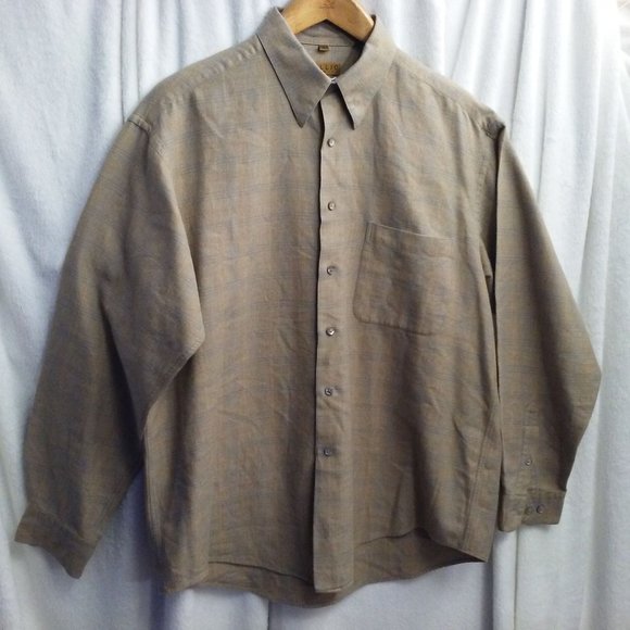 Vintage Gillio Premier LS Plaid Shirt Shell Button-Down Men-L Pocket Cotton Tan - Picture 2 of 12